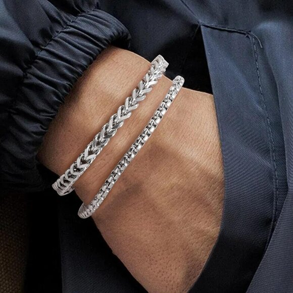 2Pcs Silver Cuban Link Bracelets for Men Stainless Steel Adjustable Non Tarnish - Picture 2 of 7